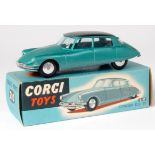 Corgi Toys, 210 Citroen DS19, metallic dark green body with black roof, silver detailing, flat spun