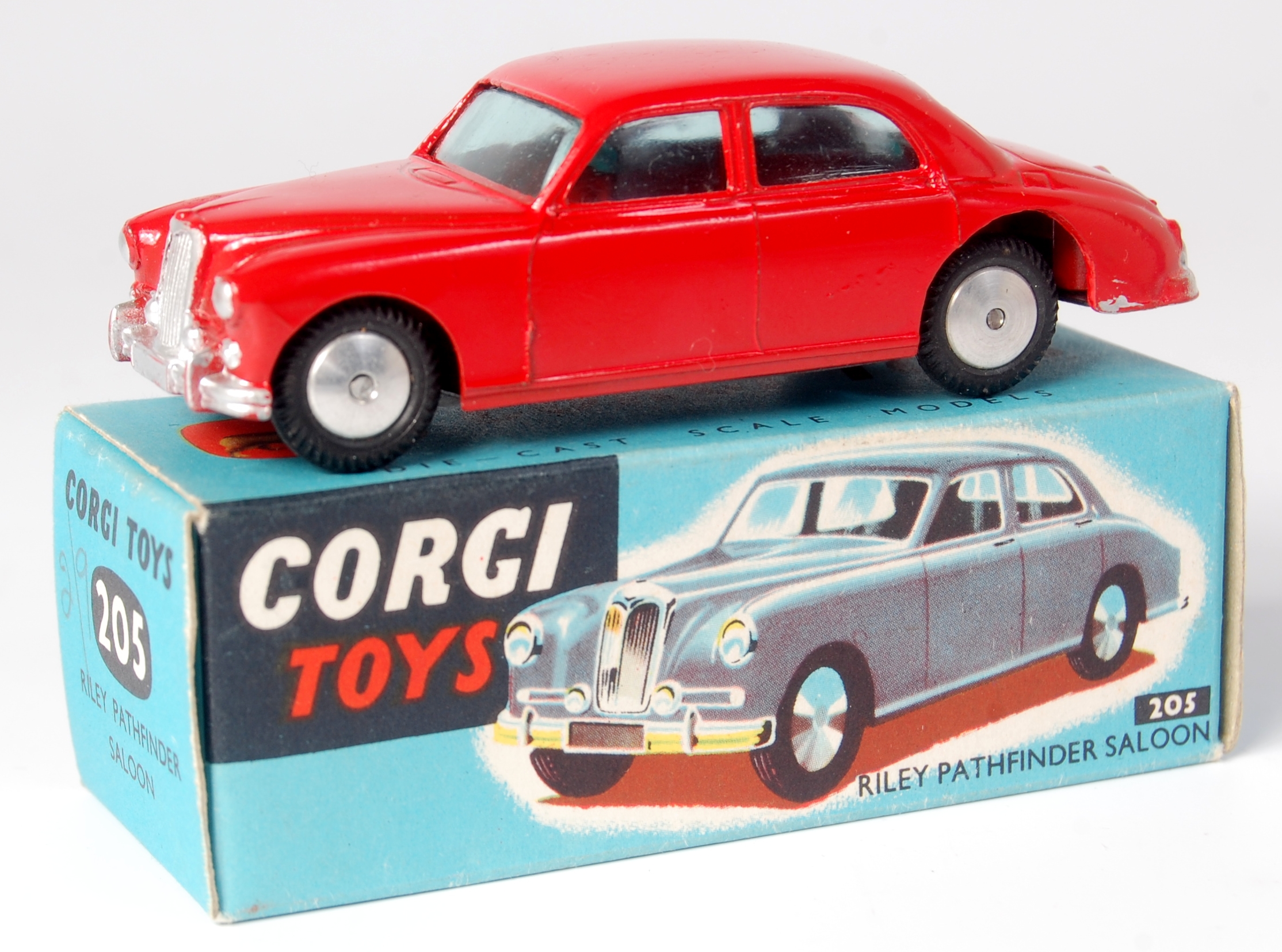 Corgi Toys, 205 Riley Pathfinder Saloon, red body with silver detailing and flat spun hubs, in the