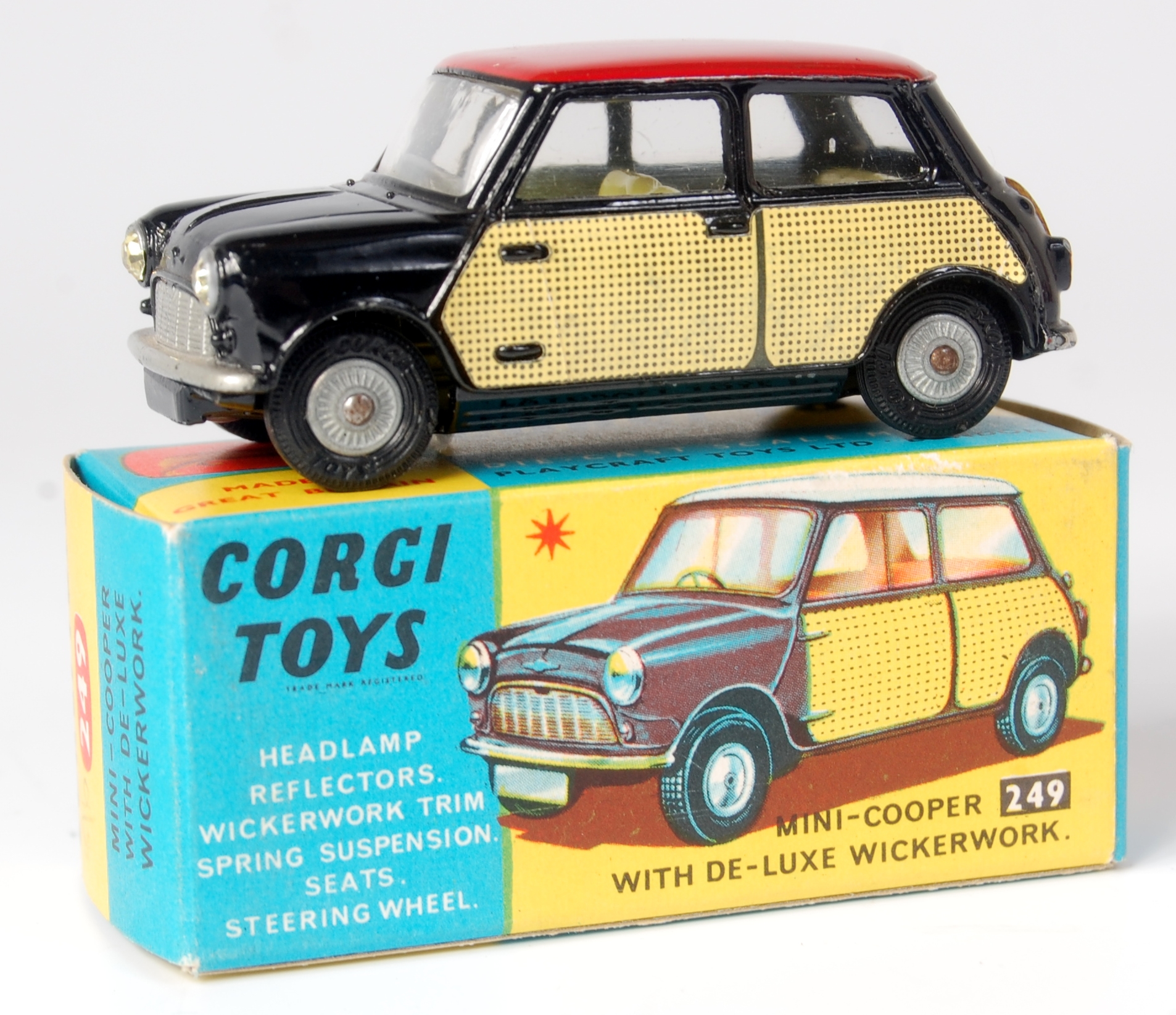 Corgi Toys, 249 Morris Mini Cooper with deluxe wicker work, black body with red roof, lemon