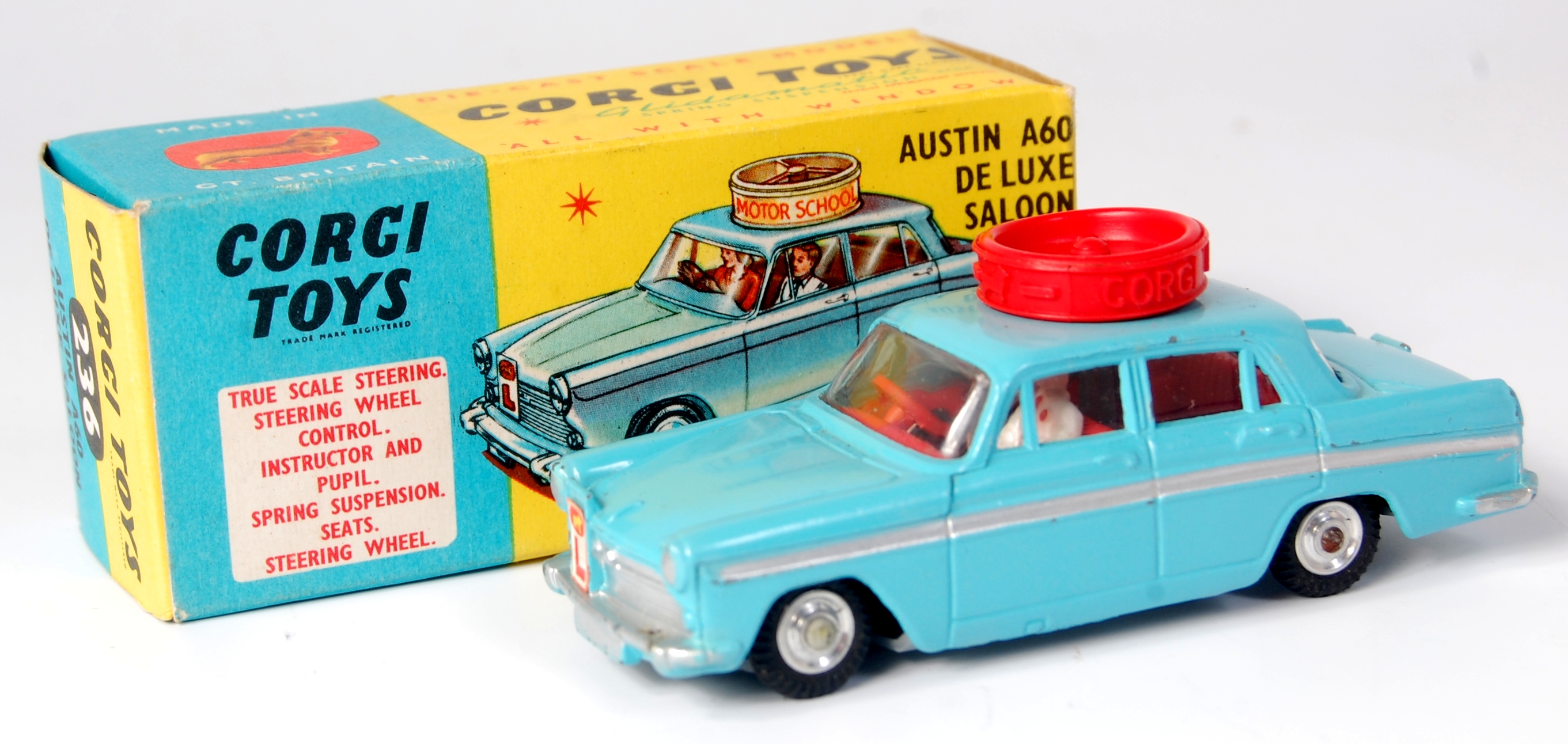Corgi Toys, 236 Corgi Motor School, light blue body with red interior, two figures, spun hubs,