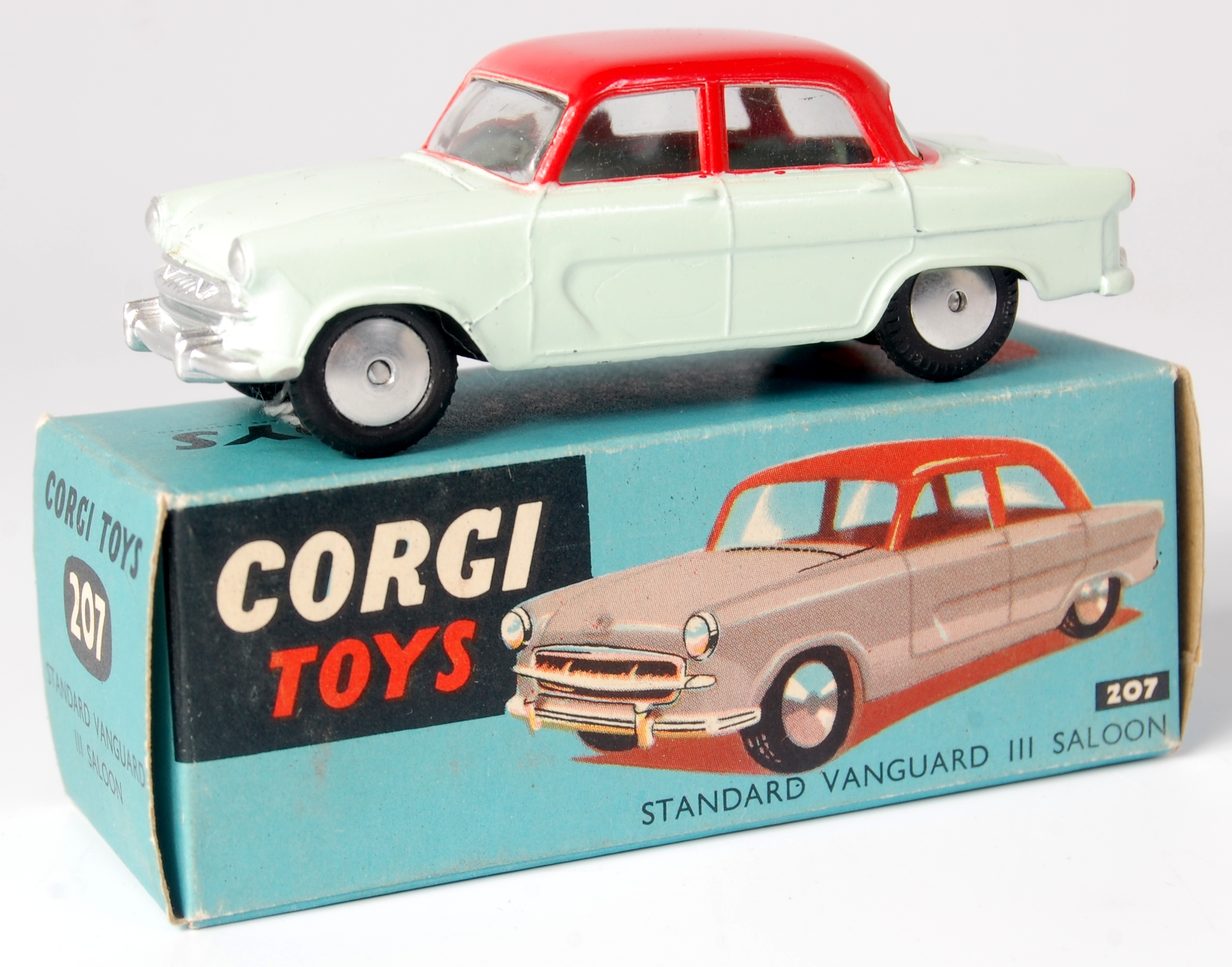 Corgi Toys, 207 Standard Vanguard III, red over pale green body with silver detailing and flat spun