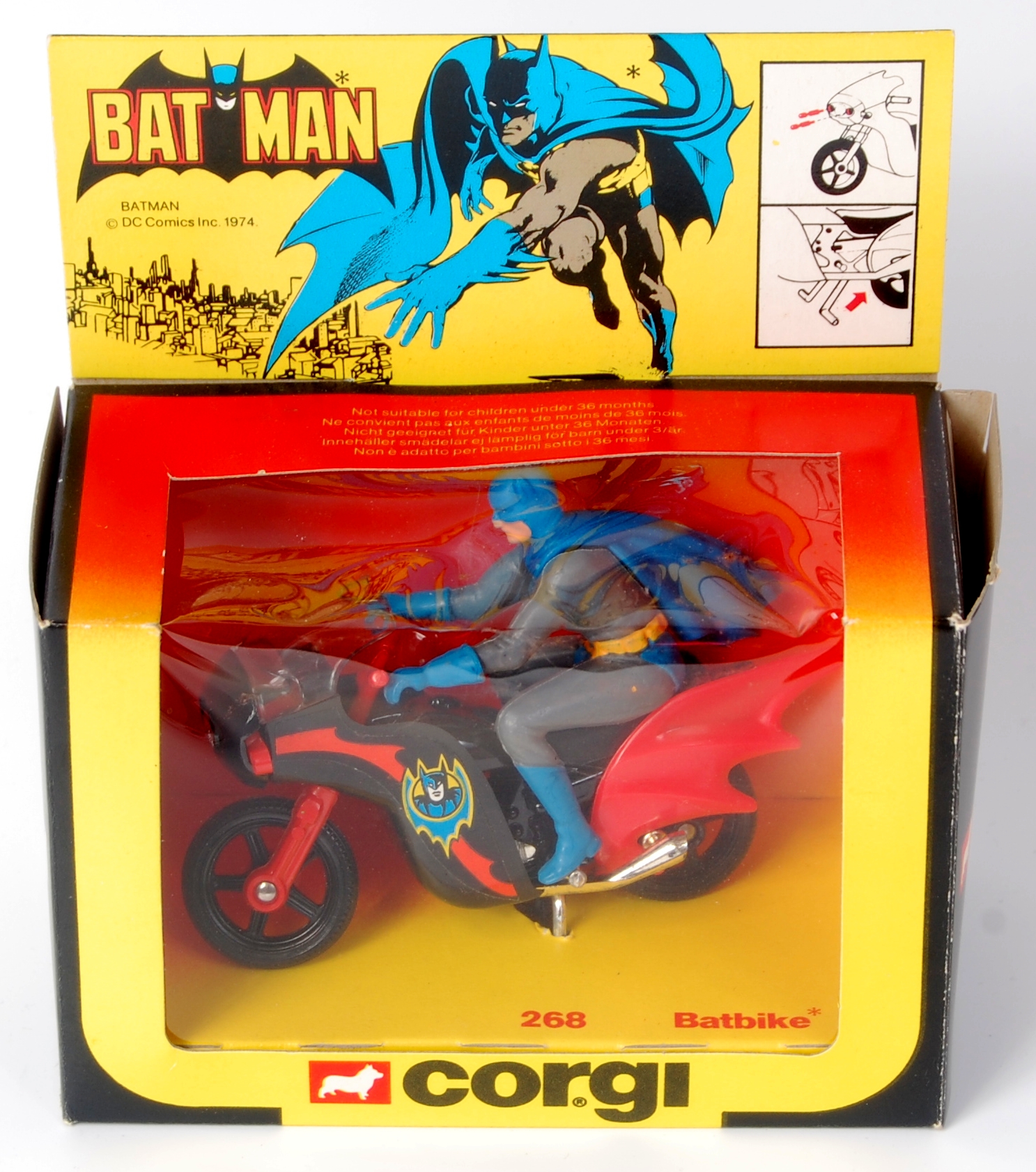 Corgi Toys, 268, Batman's Batbike, black and red rocket firing motorcycle with grey Batman figure,