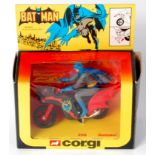 Corgi Toys, 268, Batman's Batbike, black and red rocket firing motorcycle with grey Batman figure,