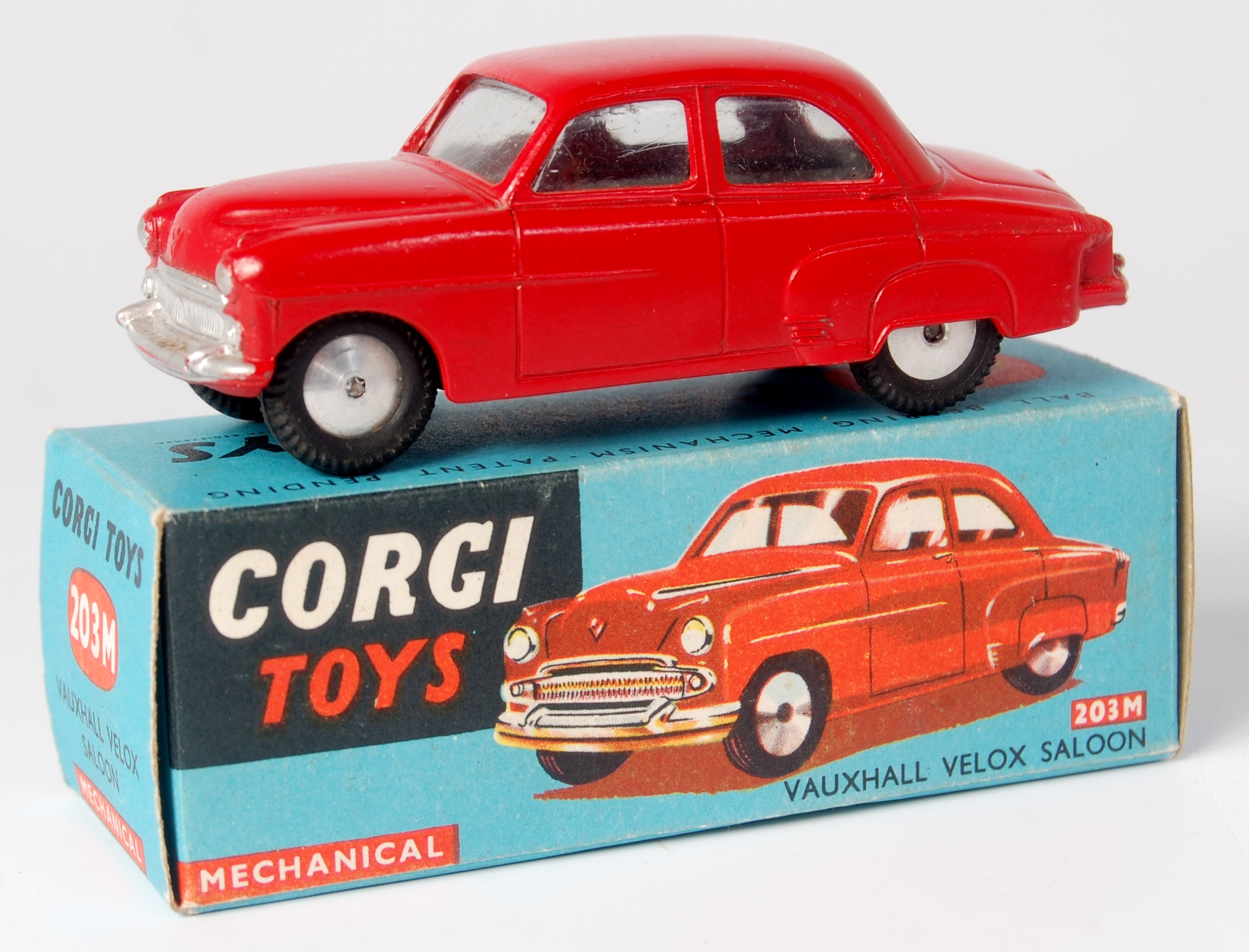 Corgi Toys, 203M Vauxhall Velox saloon, red body with silver detailed grille, flat spun hubs with
