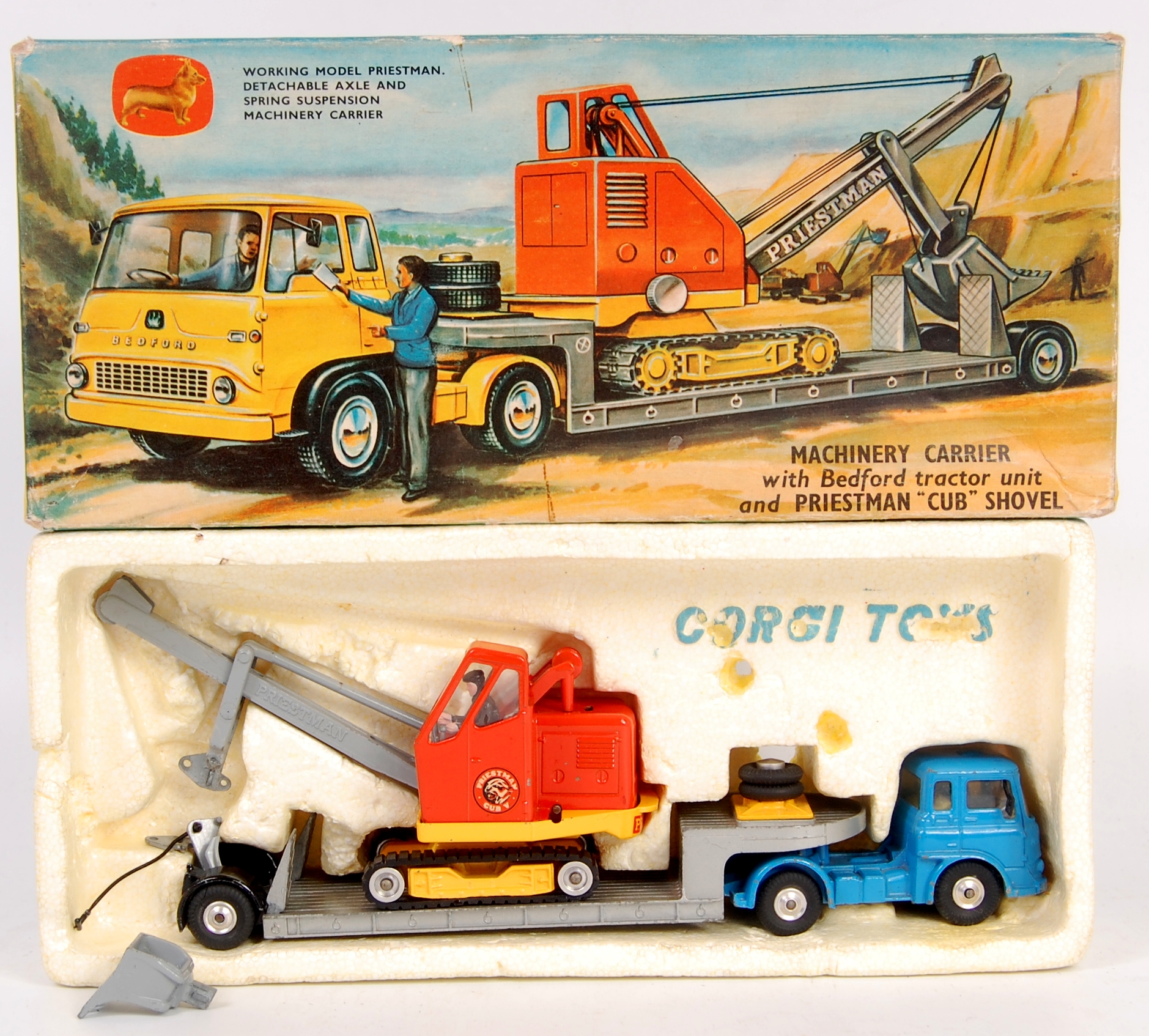 Corgi Toys, gift set No.27, machinery carrier with Bedford tractor unit and Priestman Cub shovel,