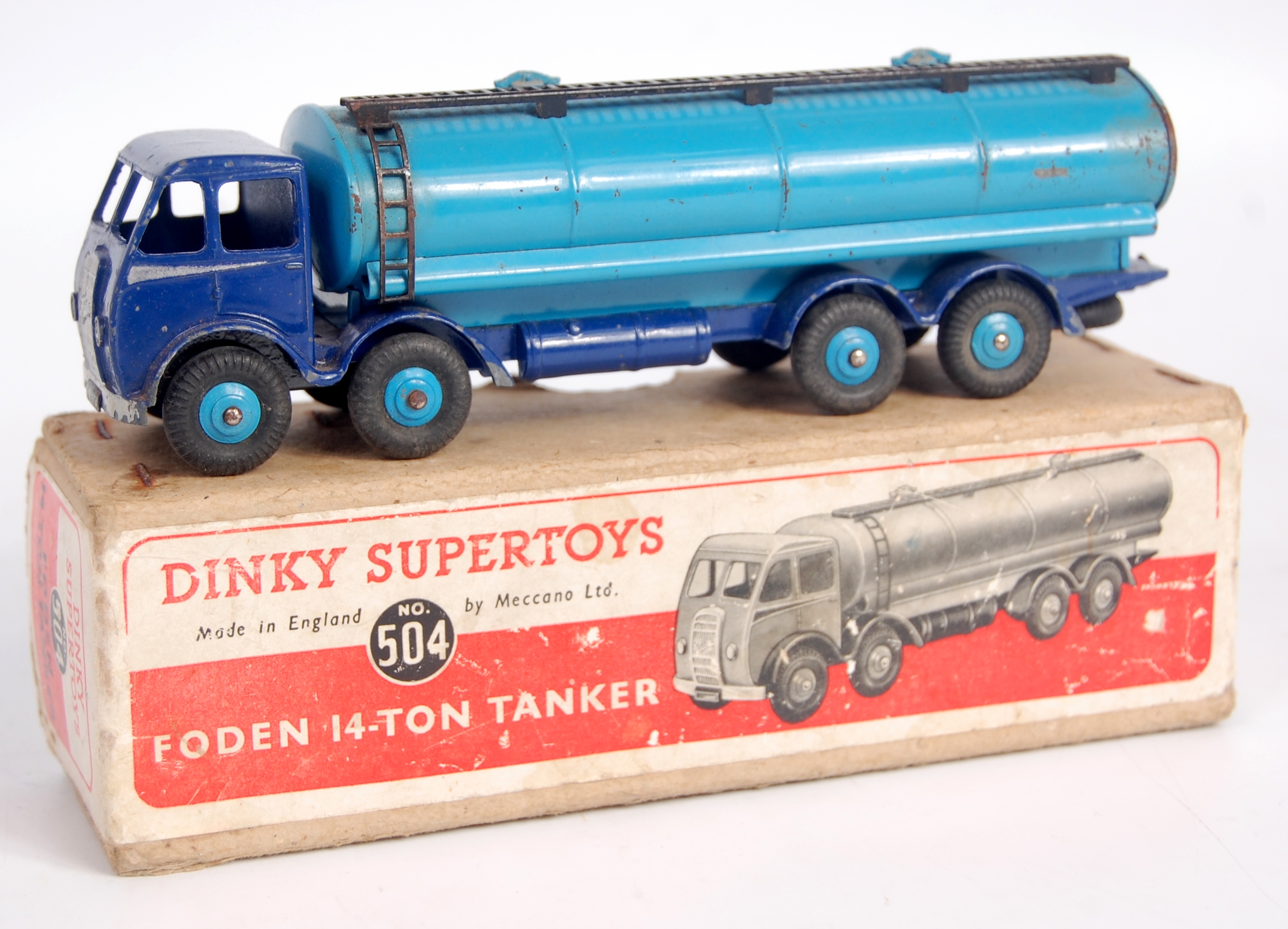Dinky Toys, 504 Foden 14-ton tanker, dark blue first type cab and chassis with blue tank and blue