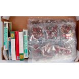 Two boxes containing a quantity of mixed scale plastic military and war gaming figures, scales