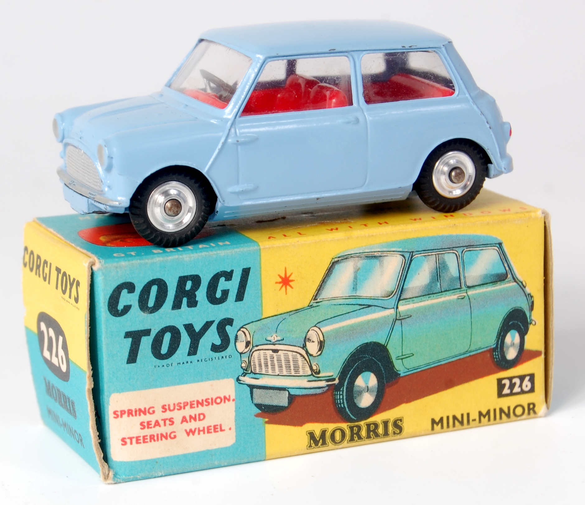Corgi Toys, 226 Morris Mini Minor, pale blue body with red interior, silver detailing with shaped