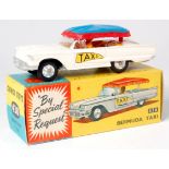 Corgi Toys, 430 Ford Bermuda taxi, white body with mustard interior and driver, red and blue