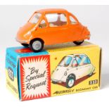 Corgi Toys, 233 Heinkel Trojan economy car, orange body with lemon interior, cast hubs, in the