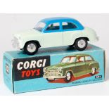Corgi Toys, 202 Morris Cowley Saloon, pale green lower body with blue upper body, silver detailing