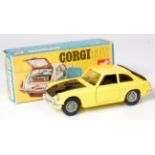 Corgi, 345 MGC GT competition model, yellow body, black bonnet, tailgate and interior, spoked
