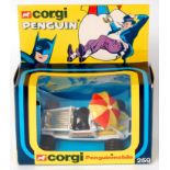 Corgi Toys, No.259, Penguin mobile, white car with penguin driver, red and yellow parasol, in the