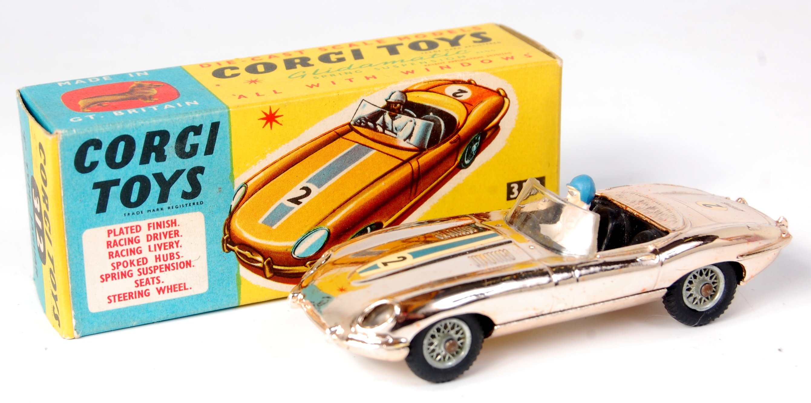 Corgi, 312 'E' type Jaguar competition model, silver/gold vacuum plated, RN2, driver, spoke wheels,