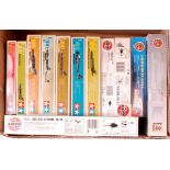 1/100th and 1/72nd scale as issued plastic aircraft kit group, 12 boxed kits by Tamiya and Airfix,