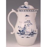 A Lowestoft porcelain milk jug and cover, underglaze blue painted with an Oriental river