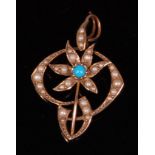 An early 20th century yellow metal seed pearl and turquoise set openwork pendant, with bale, 3.