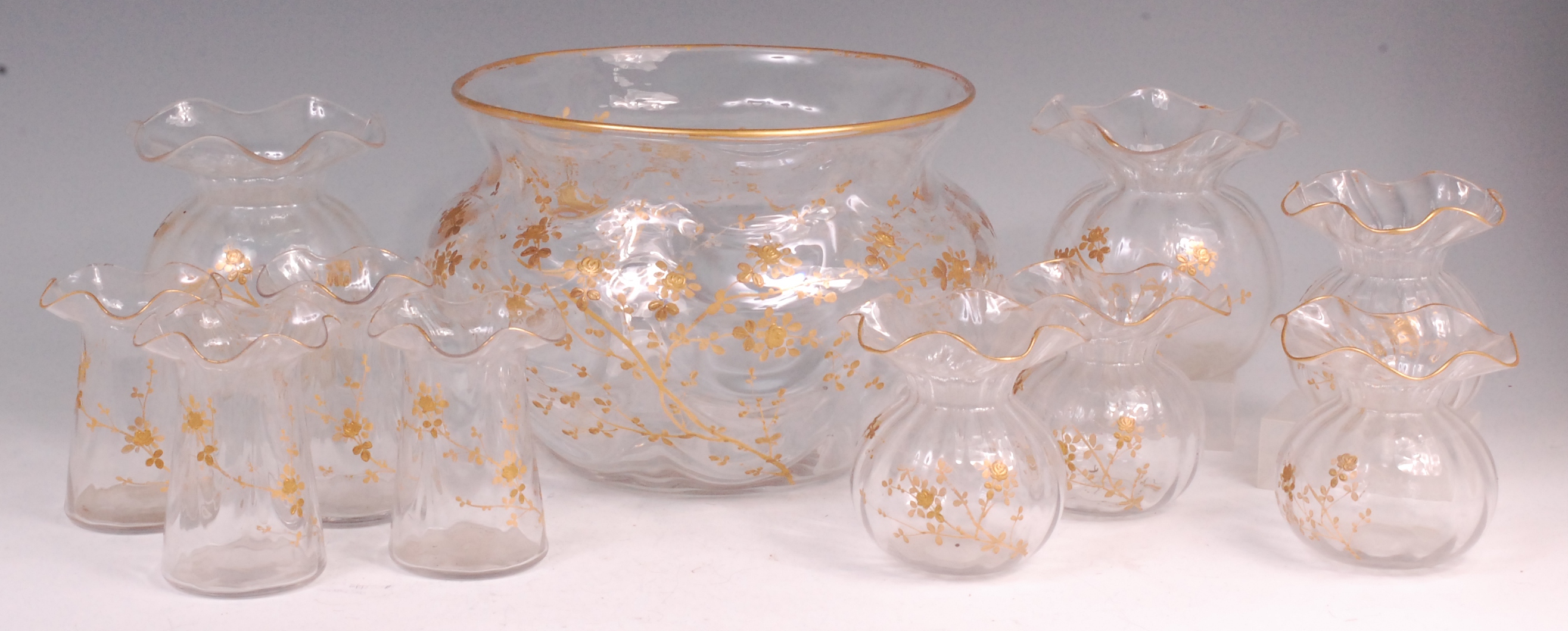 A suite of Victorian glass posy vases, with accompanying large flower bowl,
