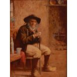 Circa 1900 Dutch school - Interior portrait of a seated old man, oil on panel,