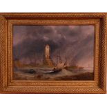 19th century English school - Shipping in rough seas near a lighthouse, oil on canvas (re-lined),