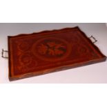 A late 19th century satinwood penwork and stained galleried tray,