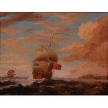 18th century English school - Naval frigates off the coastline, oil on board, 34 x 44cm Condition