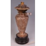 A late Victorian silver lampbase, the whole of spiral reeded conical form,