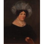 19th century English school - Head and shoulders portrait of a lady wearing pearl choker,