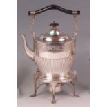 A late Victorian silver plated spirit kettle on stand,