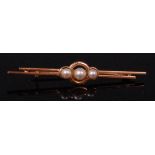 A ladies 14ct gold pearl set bar brooch,