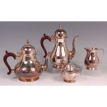 A modern silver four piece tea and coffee set, comprising; teapot, coffee pot, sugar with cover, and
