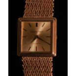 A gents Bueche-Girod 9ct gold cased dress watch, having a signed square dial with baton markers,