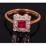 A ladies Art Deco 18ct gold and platinum, ruby and diamond cluster ring,