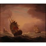 Follower of Thomas Luny - A naval frigate in stormy seas, oil on canvas, bears signature lower