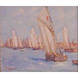 Nelson Dawson (1859-1941) - French fishing fleet off the coastline, watercolour, signed lower left,