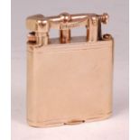 A Dunhill 9ct gold pocket cigarette lighter, having roller strike mechanism with flip-top arm, the