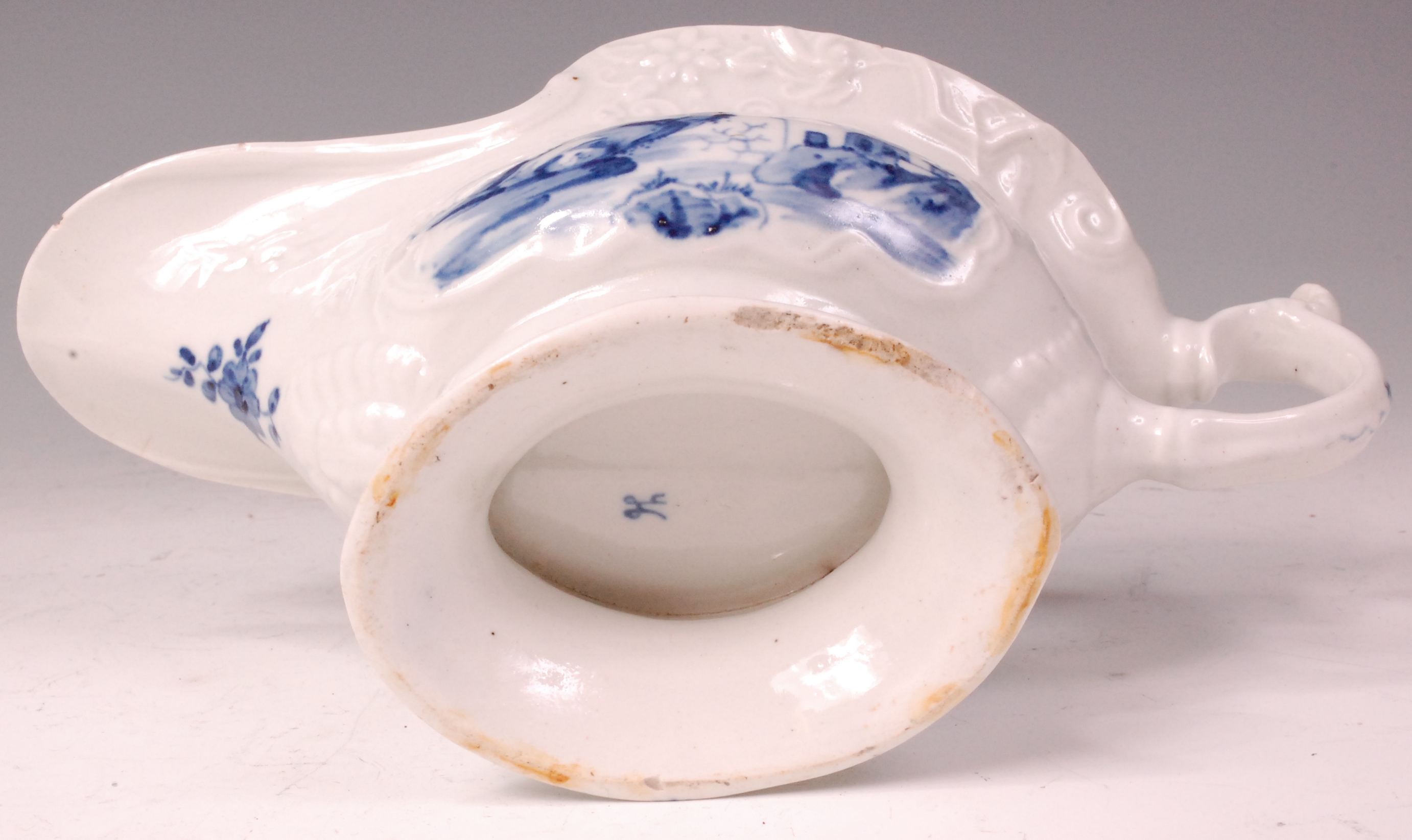 An early Worcester porcelain sauceboat, relief moulded and underglaze blue decorated with - Image 6 of 6