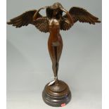 A reproduction bronzed figurine of a winged nude maiden