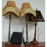 A pair of reproduction brass table lamps, a plated single lamp,