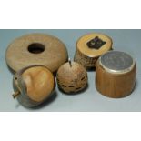 Treenwares to include fruit ornaments, inkwell, trinket box,