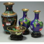 Assorted Japanese cloisonne metal wares comprising pair of vases, single vase and bowl,