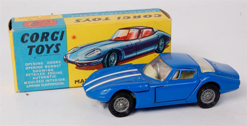 Corgi Toys, 324 Marcos Volvo 1800 GT, blue body with white bonnet stripes,