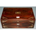 An early Victorian rosewood and mother of pearl inlaid writing slope having a fitted interior