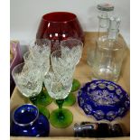 A collection of assorted glassware to include; a set of six wine hocks by Webb, two glass decanters,