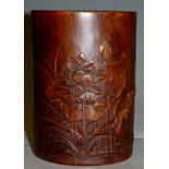 A Chinese relief carved bamboo cylindrical vase with calligraphy, h.