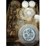 A box of miscellaneous items to include; Victorian silver mounted cut glass scent bottle,