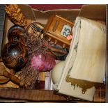 A box of miscellaneous items to include; early 20th century oak cased desk calendar,