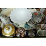 A box of miscellaneous china to include; Imari style jar and cover,