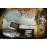 A box of miscellaneous items to include; silver plated cocktail shaker,