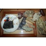 A box of miscellaneous items to include; carved soapstone figures,